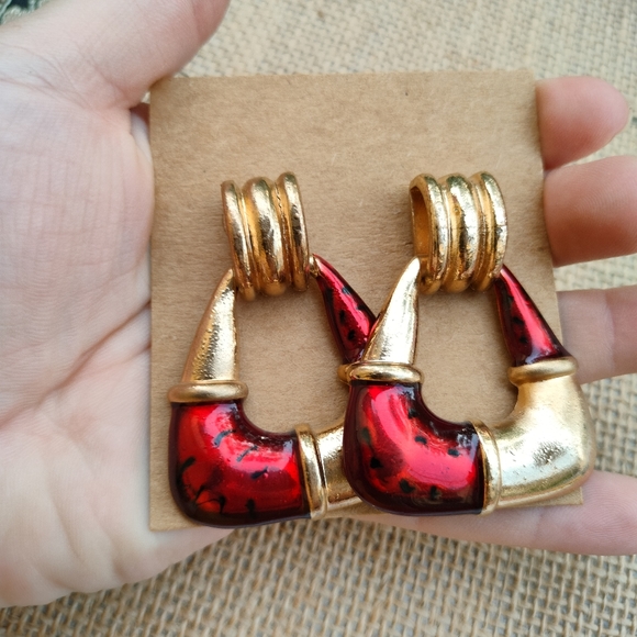 Gold and Red Statement Earrings - Picture 5 of 15